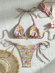Floral Print Two Piece Swimsuit Triangle Bra Push Up Bikini Set