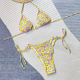 Yellow Floral Print Swimsuit Micro Bikini Thong String Halter Swimwear Bathing Suit Biquinis Mini Bikinis Sets