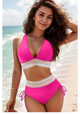 solid color Strap wave ribbon swimwear v neck bikini Set