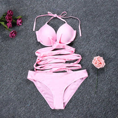 solid color swimwear thong bandage bikinis push up swimsuit High cut bikini Sets