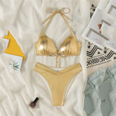 Shiny Gold String Halter Push Up Bikini Donna Swimsuit Back Lace-up Swimwear High Cut Bathing Suit Bikinis Sets