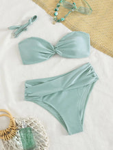 Shiny Mint Green Satin Two Piece Bathing Suit Bandeau Twist Knot Top Removable Shoulder Straps Wrap Ruched High Cut Bikinis