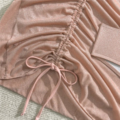 Shiny Pink String Halter Triangle 3 Piece High Waisted Bikini Set
