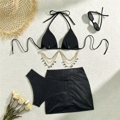 Shiny Pink String Halter Triangle 3 Piece High Waisted Bikini Set