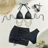 Shiny Pink String Halter Triangle 3 Piece High Waisted Bikini Set