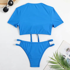 Short Sleeve Swimsuit Blue 2 Piece Bikini Hollow Out Drawstring Pleated Swimwear High Waist Bathing Suit Summer