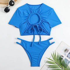 Short Sleeve Swimsuit Blue 2 Piece Bikini Hollow Out Drawstring Pleated Swimwear High Waist Bathing Suit Summer