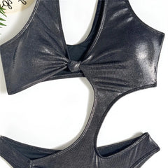 Silver Black Shiny Swimsuit Woman One Piece Knotted Swimwears Hollow Out Monokini High Cut Swimming Bathing Suit Wear