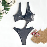 Silver Black Shiny Swimsuit Woman One Piece Knotted Swimwears Hollow Out Monokini High Cut Swimming Bathing Suit Wear