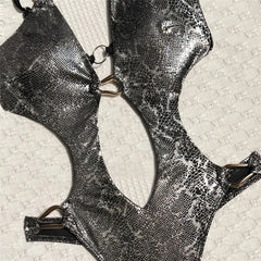 Silvery Shiny Backless Swimwears One Piece Swimsuit Hollow Out Monokini Metal Ring String Lace-up Bathing Suit