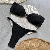 Solid Black Bandeau Bikini Micro Thong Swimsuit Rhinestone Swimwear High Cut Bathing Suit Bikinis Sets