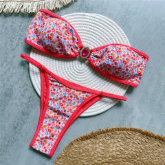 Solid Black Bandeau Bikini Micro Thong Swimsuit Rhinestone Swimwear High Cut Bathing Suit Bikinis Sets