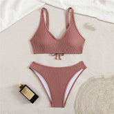 Solid Brown Ribbed Swimwears Bikinis Sets