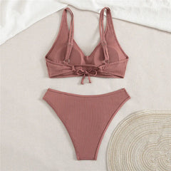 Solid Brown Ribbed Swimwears Bikinis Sets