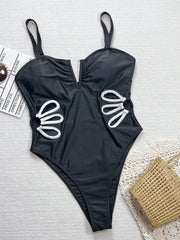Solid Color Black One Piece Swimsuit