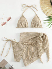 Solid Color Khaki 3-piece Swimsuit