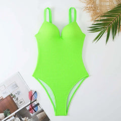 Solid Color One Piece Swimsuit Slim V-neck Bikini Hard Cup Push Up Swimwear Suspender Backless Monokini