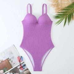 Solid Color One Piece Swimsuit Slim V-neck Bikini Hard Cup Push Up Swimwear Suspender Backless Monokini