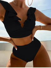 Solid Color V-neck Ruffle Bikini 2 Piece Swimwear Push Up Padded High Waist Swimsuit Beach Bathing Suit