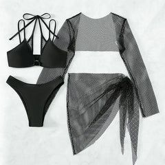 Solid Color Swimsuit Black Long Sleeve Mesh 4 Piece Bikini High Waist V-neck Brazilian Bathing Suit Swimwear OLDL025