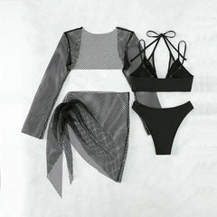 Solid Color Swimsuit Black Long Sleeve Mesh 4 Piece Bikini High Waist V-neck Brazilian Bathing Suit Swimwear OLDL025