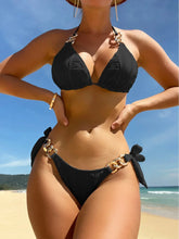 Solid Color V-neck Swimsuit Metal Ring Chain Bikini Low Waist Lace Up Two-piece Swimwear Beach Bathing Suit