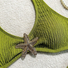 Solid Green Swimwears Metal Starfish Halter Bikinis Sets