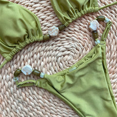 Solid Green Swimwears Halter Triangle Bead String Bikini Mini Micro Thong Swimsuit Woman Brazilian Bikinis Sets