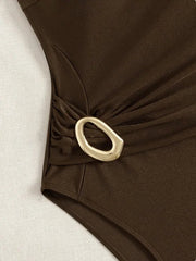 Solid One-Piece Suits One Shoulder Bathing Suit Asymmetric One Shoulder Waist Gathered Twist Gold Metal Buckle High Leg Swimwear
