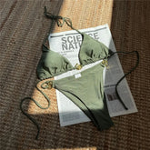 Solid Orange Swimwear Metal Ring String Halter Triangle Micro Bikini Thong Swimsuit Bathing Suit Bikinis Sets