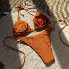 Solid Orange Swimwear Metal Ring String Halter Triangle Micro Bikini Thong Swimsuit Bathing Suit Bikinis Sets