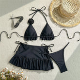 Solid White 3D Flower 3 Piece Bikini Set