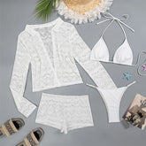 Solid White Hollow Lace Swimwears 4 Piece Bikinis Sets