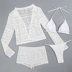 Solid White Hollow Lace Swimwears 4 Piece Bikinis Sets