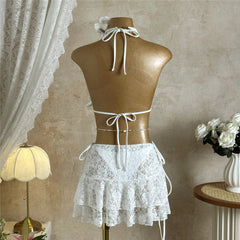 Solid White Lace Mesh Skirts Cover Up Swimwear Halter String Triangle Bikinis Sets