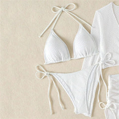 Solid White Mesh Cover Up 4 Piece Bikinis Set