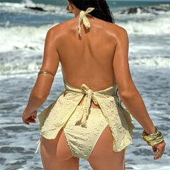 Solid Yellow Halter Knotted Bikini Woman Swimsuit Crop Topss Bathing Suit Biquinis Bikinis Sets