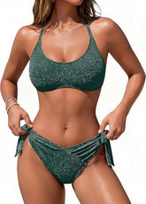 Sparkly Metallic Two Piece Bathing Suit Shimmer Scoop Neck Tank Bikini Cross Front Shirring Side Tie High Leg Pool Swimwear