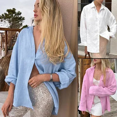 Cover-Ups Shirt Long Sleeve Solid Blouses Elegant Basic Top Collar Yellow Blue Cotton Shirt