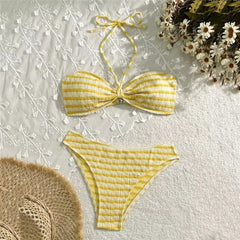 Striped Print String Halter Bandeau Bikinis Sets