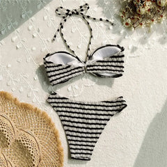 Striped Print String Halter Bandeau Bikinis Sets