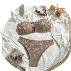 Brown Textured Knit Bikini Set