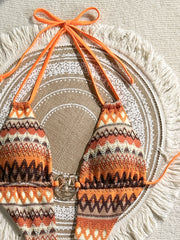 Orange Multicolor Knit Cutout One Piece Swimsuit with Starfish Ring Detail Halter Straps