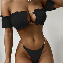 Swimsuit Ruffle Pleated Bikini Strapless Short Sleeved Two Piece Swimwear Chain High Waist Bathing Suit Summer