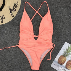 Swimwear Neon Green Cut Out Lace Up One Piece Swimsuit Solid Deep V-neck Push Up Leopard Backless Tummy Control Bikini