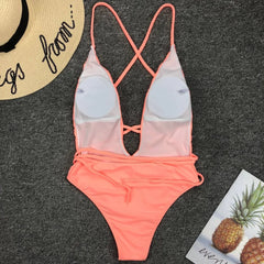 Swimwear Neon Green Cut Out Lace Up One Piece Swimsuit Solid Deep V-neck Push Up Leopard Backless Tummy Control Bikini