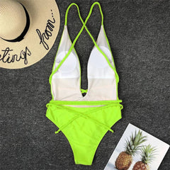 Swimwear Neon Green Cut Out Lace Up One Piece Swimsuit Solid Deep V-neck Push Up Leopard Backless Tummy Control Bikini