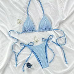 Swimwear Striped Print Brazilian Thong Bikini Set