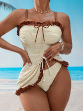 Vintage Beige Patchwork Two Piece Swimsuit Front Tie Lace Push Up Dress High Waist Bikini Set