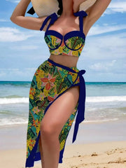 Vintage Black Floral Print Bikini Push Up Underwire Bra High Waist Swimsuit Beach Bathing Suit Skirt 3 Piece Swimwear